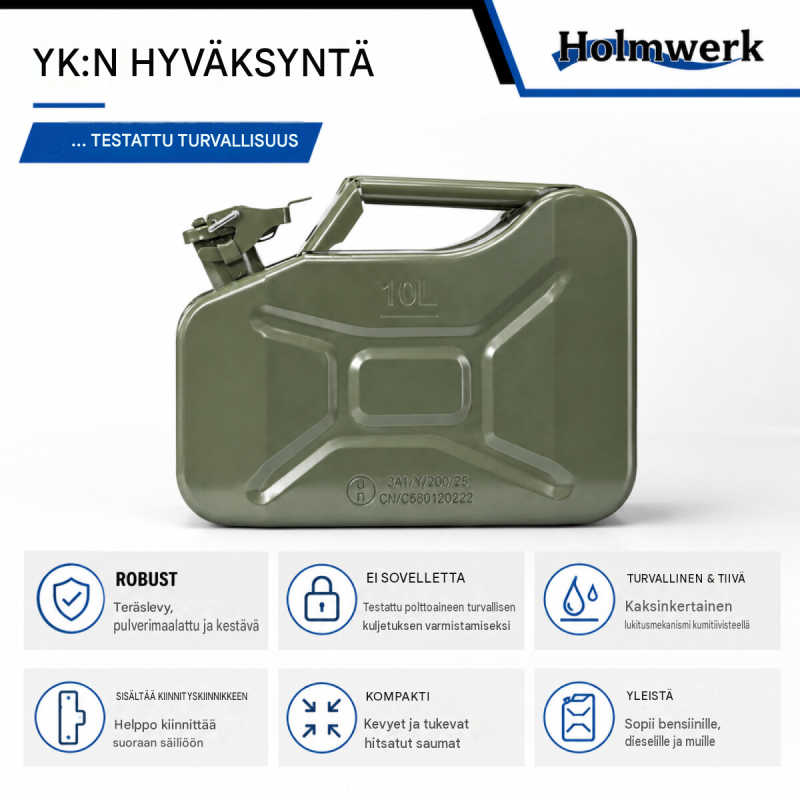Metallinen polttoainekanisteri 2 kpl, 10 l, oliivinvihreä, UN-hyväksytty, kaatonokat