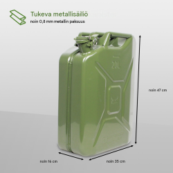 Metallinen polttoainekanisteri 2 kpl, 20 l, oliivinvihreä, bensiini ja diesel