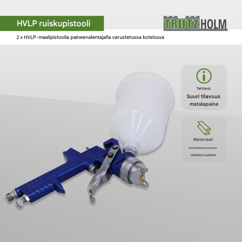 HVLP-maaliruiskut 2 kpl, paineensäädin, suuttimet 0,8 ja 1,4 mm, 600 ml:n kupit