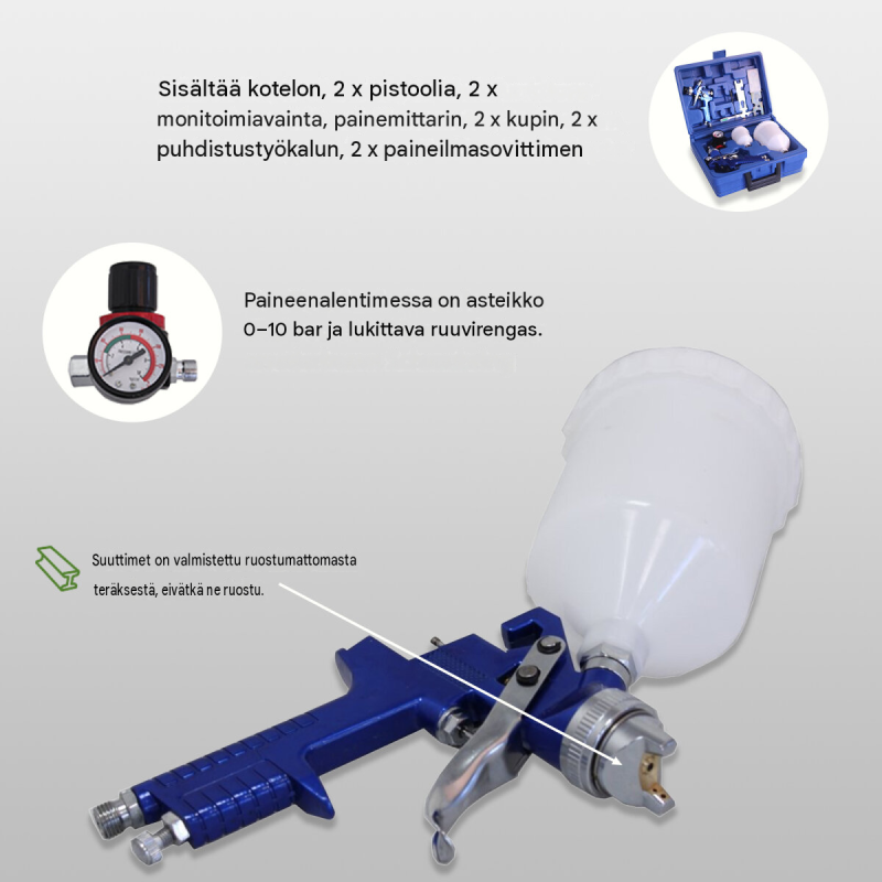 HVLP-maaliruiskut 2 kpl, paineensäädin, suuttimet 0,8 ja 1,4 mm, 600 ml:n kupit