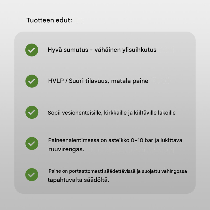 HVLP-maaliruiskut 2 kpl, paineensäädin, suuttimet 0,8 ja 1,4 mm, 600 ml:n kupit