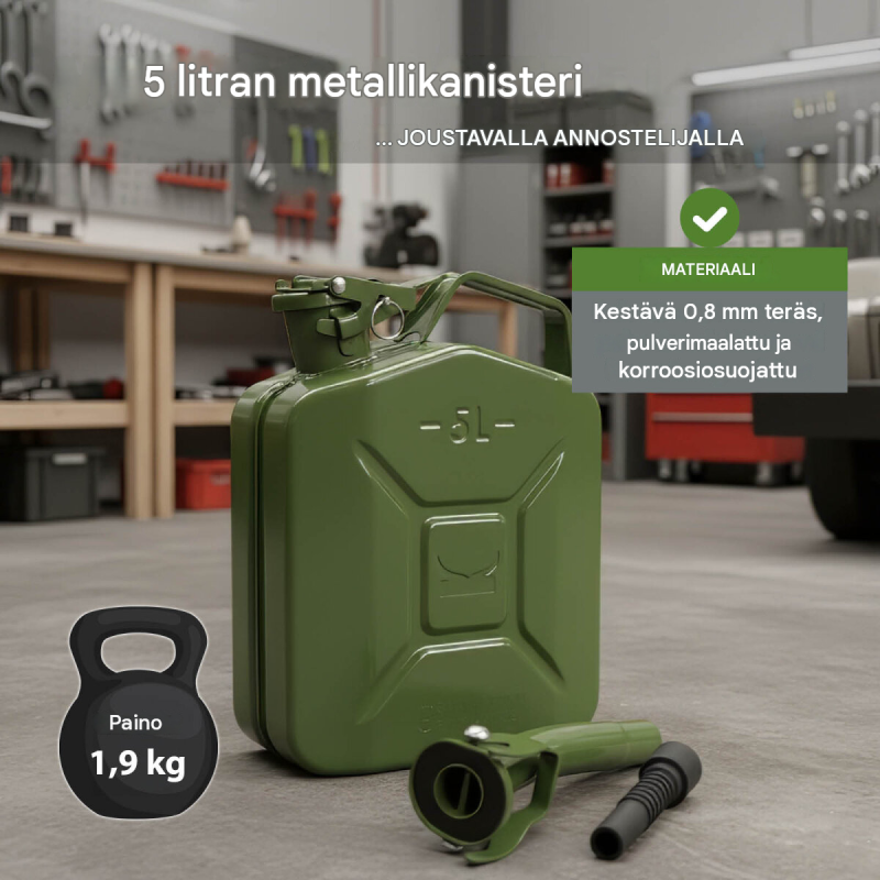 Metallinen polttoainekanisteri 2 kpl, 5 l, olivinvihreä, UN-hyväksyntä, kaatonokat