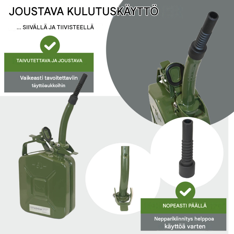 Metallinen polttoainekanisteri 2 kpl, 5 l, olivinvihreä, UN-hyväksyntä, kaatonokat