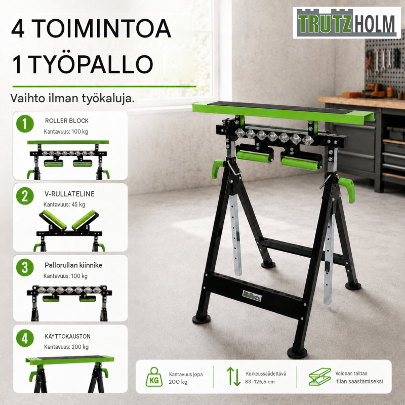 TRUTZHOLM 4-in-1-monitoimityöpukki 2 kpl, korkeussäädettävä, taitettava, 200 kg
