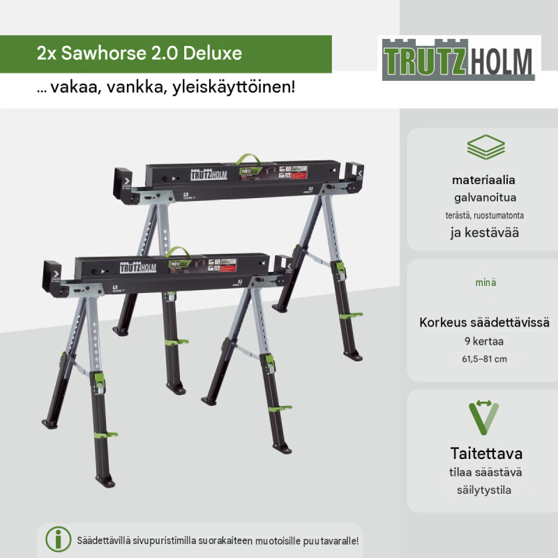 TRUTZHOLM 2.0 Deluxe sahapukit 2 kpl, 9-portainen korkeudensäätö, 650 kg/pukki, teräs