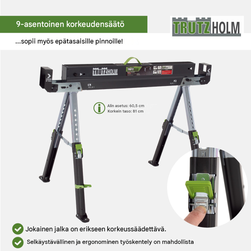 TRUTZHOLM 2.0 Deluxe sahapukit 2 kpl, 9-portainen korkeudensäätö, 650 kg/pukki, teräs