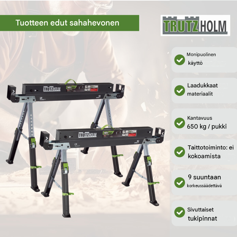 TRUTZHOLM 2.0 Deluxe sahapukit 2 kpl, 9-portainen korkeudensäätö, 650 kg/pukki, teräs