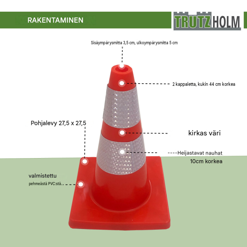 Liikennekartio 2 kpl, oranssi, PVC, 44 cm, heijastavat raidat