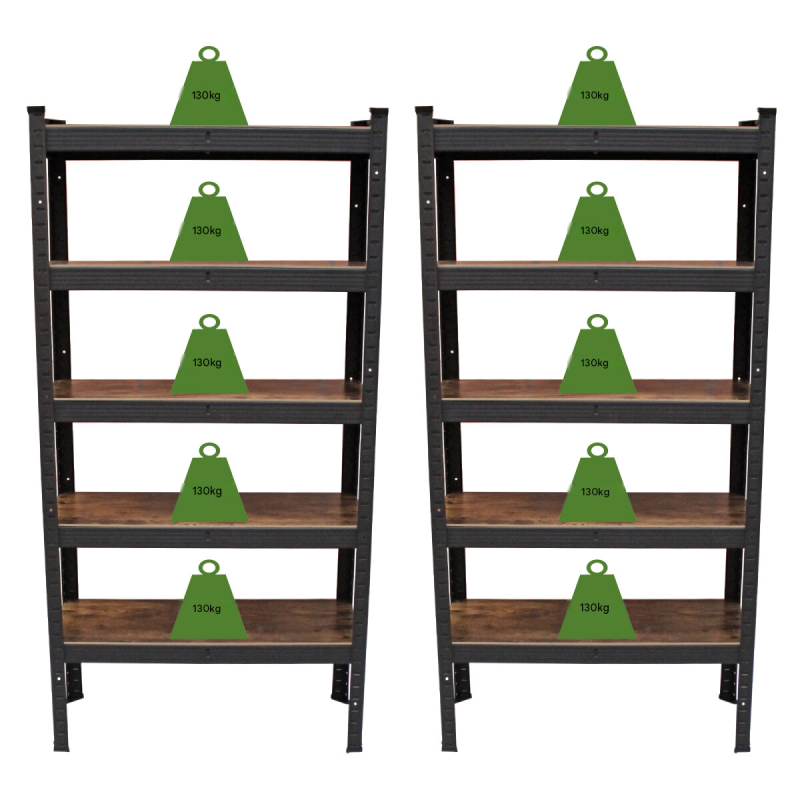 2 kpl TRUTZHOLM-hylly, 150 x 75 x 30 cm, mattamusta teräs, 650 kg-hyllykapasiteetti