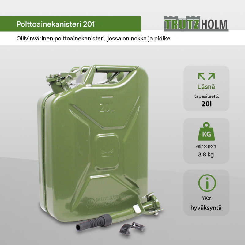 Metallikanisterit 3 kpl, 20 l, oliivinvihreä, UN-hyväksyntä, joustava kaatonokka