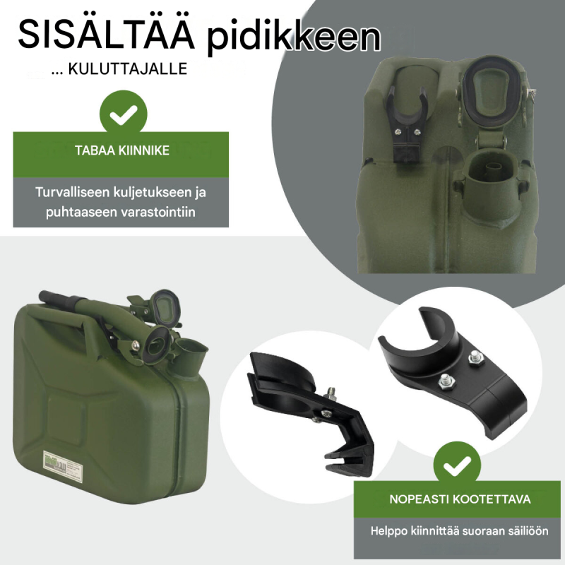 Polttoainekanisteri 3 kpl, metalli, 10 l, olivinvihreä, kaatonokat ja pidikkeet