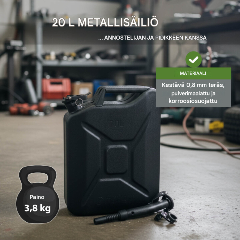 Polttoainekanisteri 3 kpl, metalli, 20 l, musta, UN-hyväksytty, kaatonokat ja pidikkeet