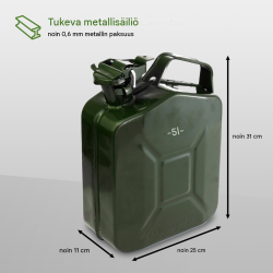 Polttoainekanisterit 3 kpl, metalli, 5 l, 10 l ja 20 l, oliivinvihreä, kaatonokka, UN-hyväksyntä