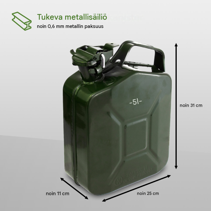 Polttoainekanisterit 3 kpl, metalli, 5 l, 10 l ja 20 l, oliivinvihreä, kaatonokka, UN-hyväksyntä