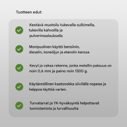 Polttoainekanisterit 3 kpl, metalli, 5 l, 10 l ja 20 l, oliivinvihreä, kaatonokka, UN-hyväksyntä