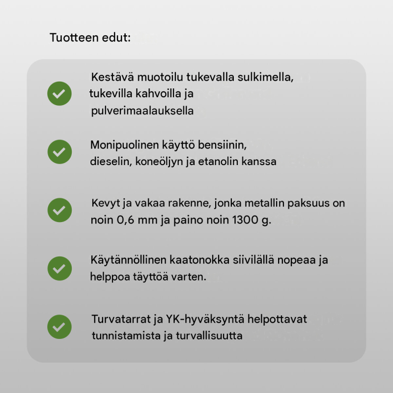 Polttoainekanisterit 3 kpl, metalli, 5 l, 10 l ja 20 l, oliivinvihreä, kaatonokka, UN-hyväksyntä
