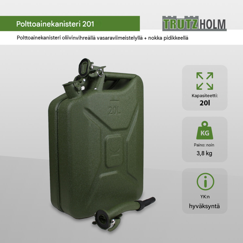 Metallinen polttoainekanisteri 3 kpl, 20 l, oliivinvihreä, 0,8 mm, kaatonokat