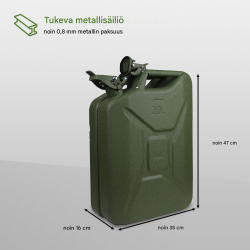 Metallinen polttoainekanisteri 3 kpl, 20 l, oliivinvihreä, 0,8 mm, kaatonokat
