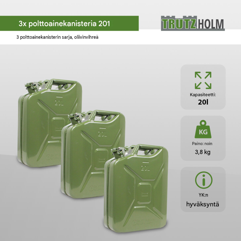 Metallikanisterit 3 kpl, 20 l, oliivinvihreä, UN-hyväksytty, bensiini ja diesel