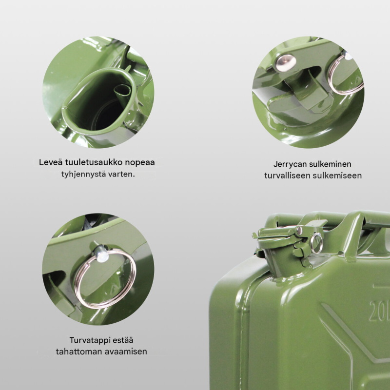 Metallikanisterit 3 kpl, 20 l, oliivinvihreä, UN-hyväksytty, bensiini ja diesel