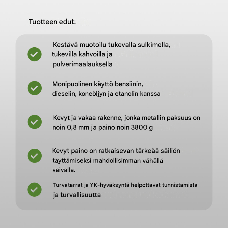 Metallikanisterit 3 kpl, 20 l, oliivinvihreä, UN-hyväksytty, bensiini ja diesel