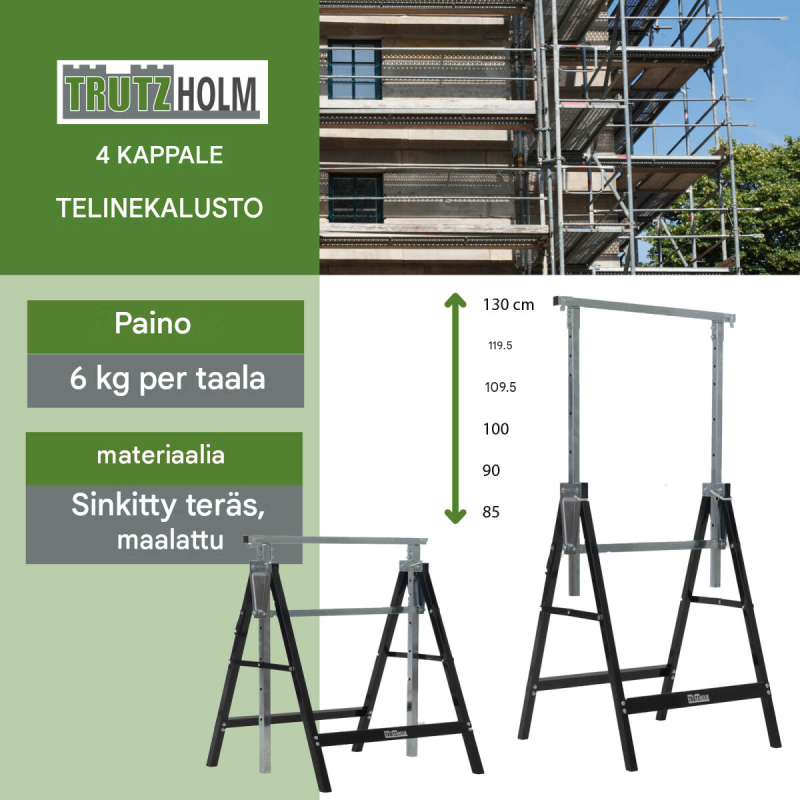 Työskentelypukki 4 kpl, musta, maalattu teräs, korkeussäätö 80–130 cm