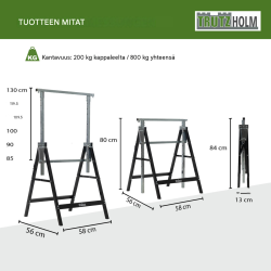 Työskentelypukki 4 kpl, musta, maalattu teräs, korkeussäätö 80–130 cm