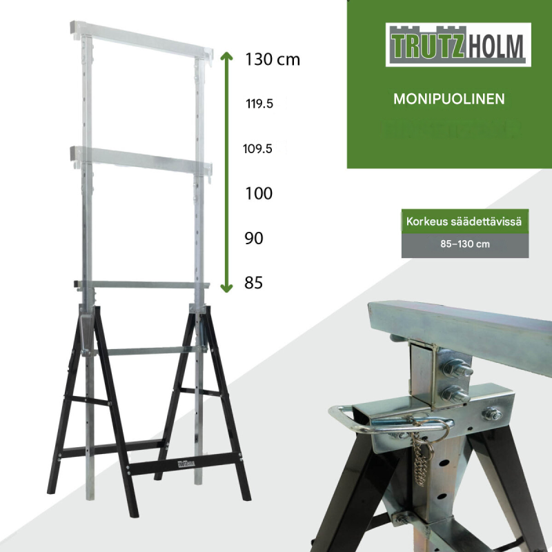 Työskentelypukki 4 kpl, musta, maalattu teräs, korkeussäätö 80–130 cm