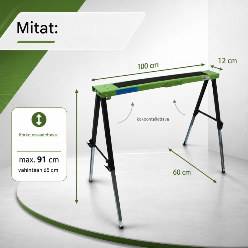 Kokoontaitettavat työpukit 4 kpl, säädettävä korkeus 65–91 cm, teräs, 150 kg per pukki