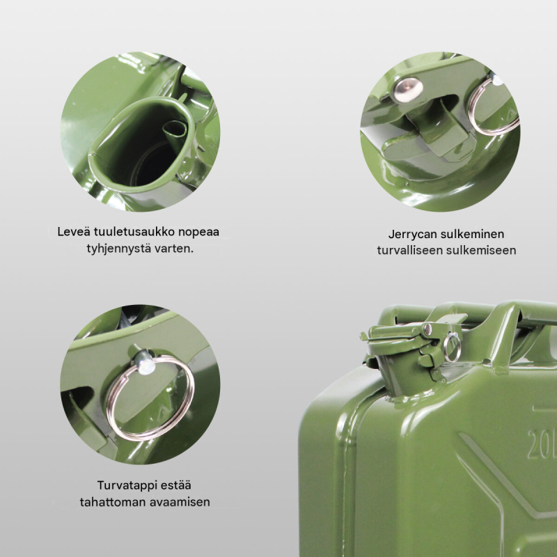 Polttoainekanisteri 4 kpl, metalli, 20 l, oliivinvihreä, bensiinille ja dieselille
