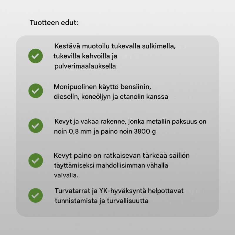 Polttoainekanisteri 4 kpl, metalli, 20 l, oliivinvihreä, bensiinille ja dieselille