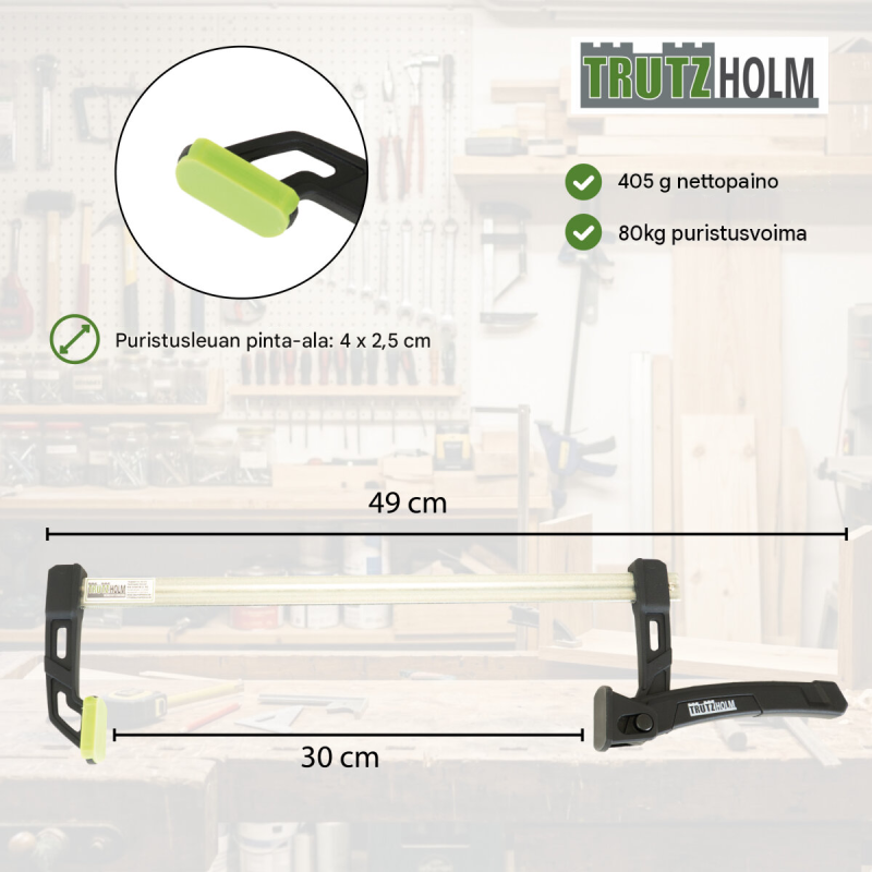 TRUTZHOLM-yksikätinen puristin 4 kpl, 80 kg, 30 cm, alumiinia