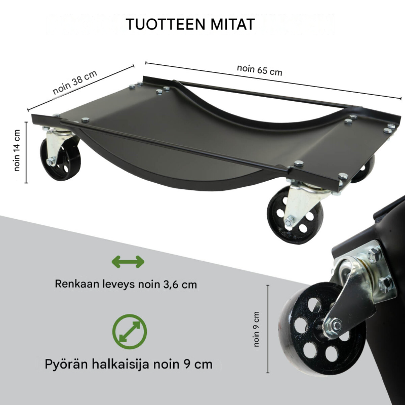 Ajoneuvojen siirtokaukalot 4 kpl, 450 kg, 360 astetta kääntyvät pyörät