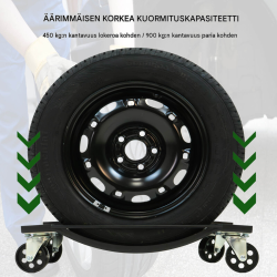 Ajoneuvojen siirtokaukalot 4 kpl, 450 kg, 360 astetta kääntyvät pyörät