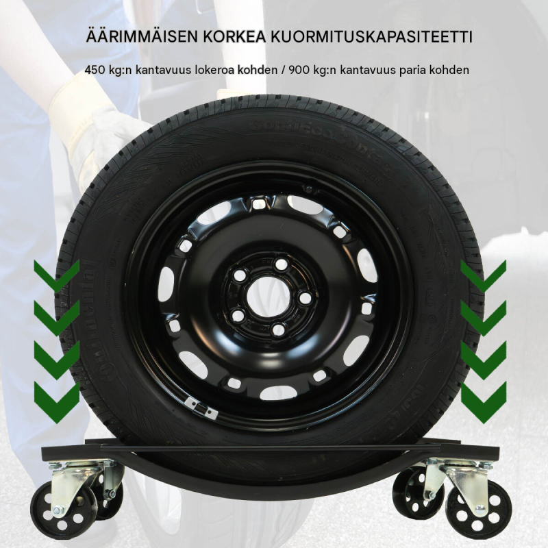 Ajoneuvojen siirtokaukalot 4 kpl, 450 kg, 360 astetta kääntyvät pyörät