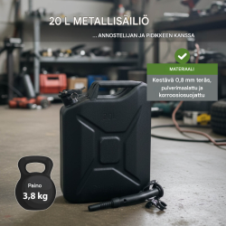 Metallinen polttoainekanisteri 5 kpl, 20 l, musta, 0,8 mm teräs, UN-hyväksyntä, kaatonokat ja pidikkeet