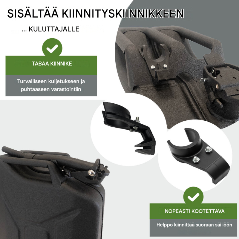 Metallinen polttoainekanisteri 5 kpl, 20 l, musta, 0,8 mm teräs, UN-hyväksyntä, kaatonokat ja pidikkeet