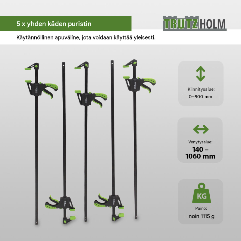Yksikätinen puristin 5 kpl, 60 x 900 mm, puristusalue 0–900 mm, musta ja vihreä
