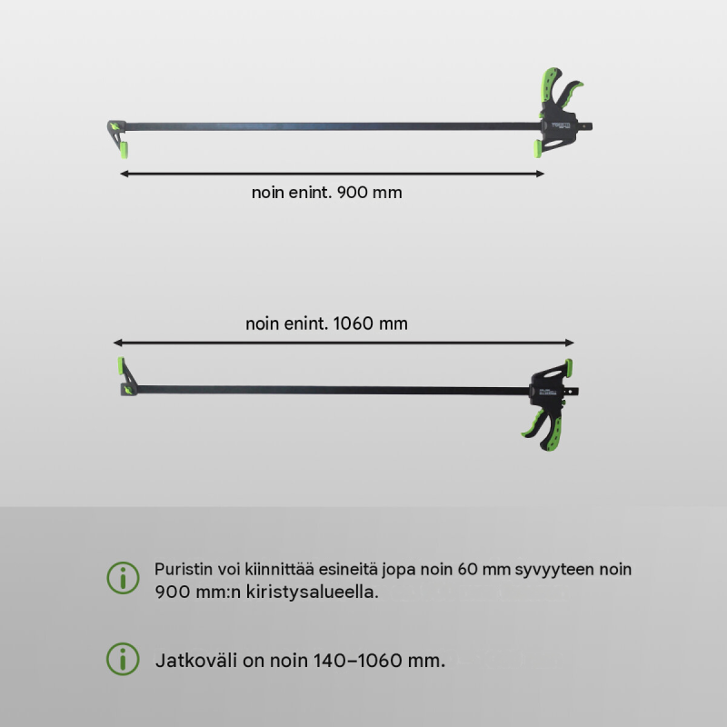Yksikätinen puristin 5 kpl, 60 x 900 mm, puristusalue 0–900 mm, musta ja vihreä
