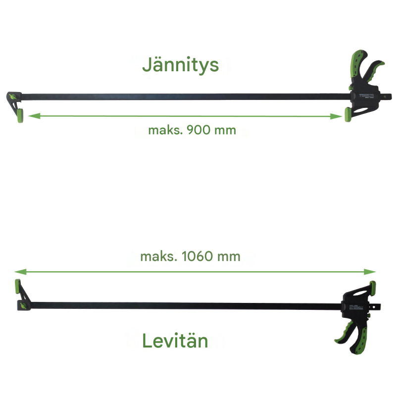 Yksikätinen puristin 5 kpl, 60 x 900 mm, puristusalue 0–900 mm, musta ja vihreä