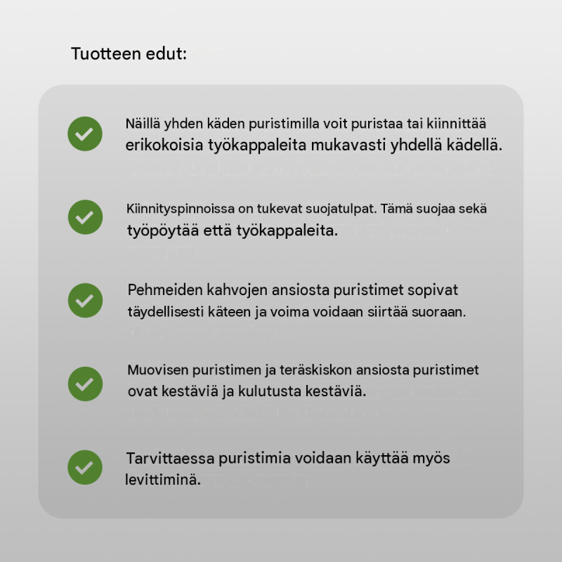 Yksikätinen puristin 5 kpl, 60 x 900 mm, puristusalue 0–900 mm, musta ja vihreä