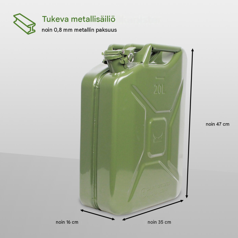 Metallikanisteri 5 kpl, 20 l, Natooliv RAL 6003, joustava kaatonokka, UN-hyväksyntä