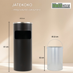 Roska-astia tuhkakupilla 30 l, musta, pulverimaalattu metalli