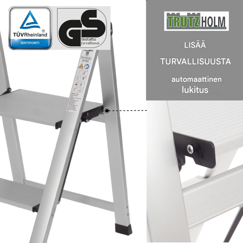 Kokoontaitettava alumiininen porrasjakkara 2, 3 tai 4 askelmalla, 150 kg, TÜV/GS