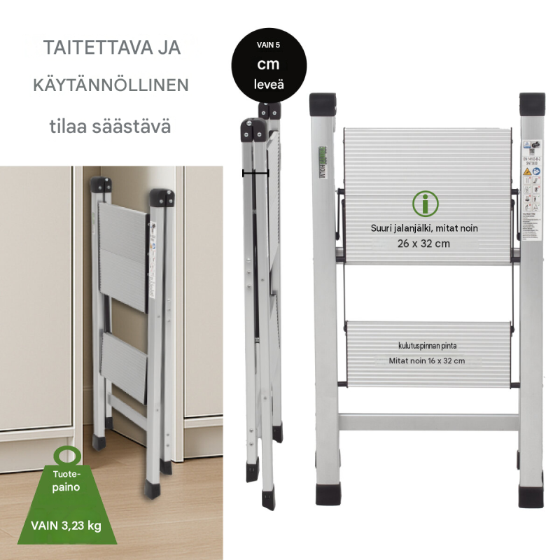 Kokoontaitettava alumiininen porrasjakkara 2, 3 tai 4 askelmalla, 150 kg, TÜV/GS