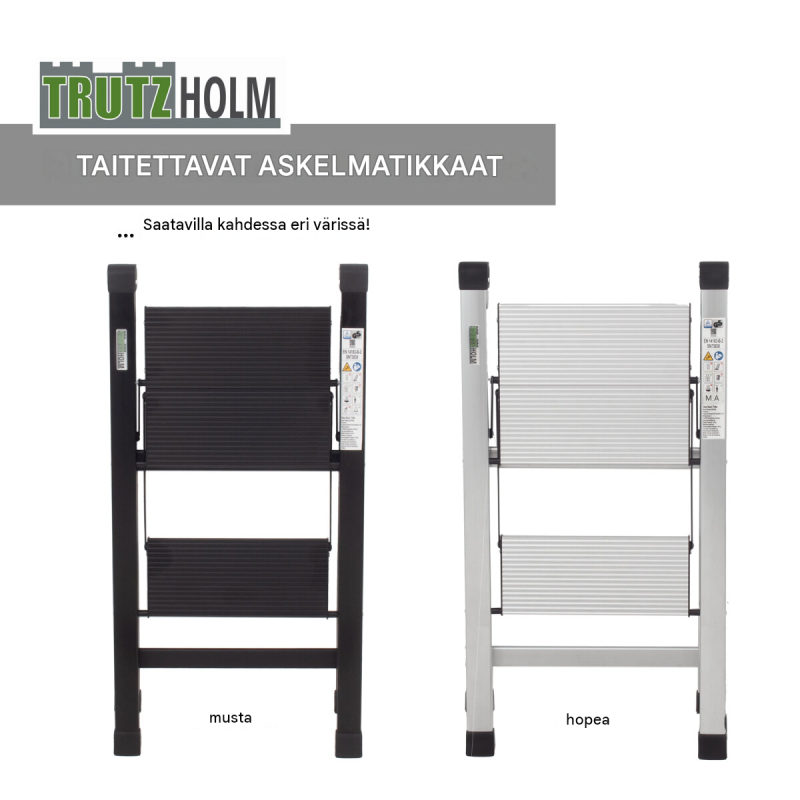 Kokoontaitettava alumiininen porrasjakkara 2, 3 tai 4 askelmalla, 150 kg, TÜV/GS