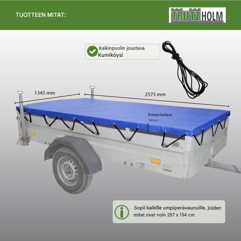 Perävaunun tasopeite 2575 x 1345 x 100 mm, sininen, PVC 500 g/m²