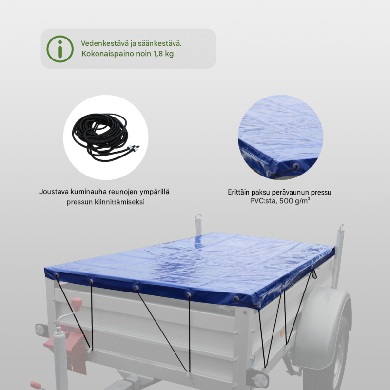 Peräkärryn sininen suojapeite 2075 x 1140 x 50 mm, PVC 500 g/m²