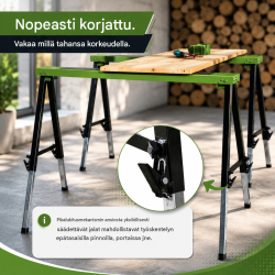 Kokoontaittuva työpukki, säädettävä 65–91 cm, teräs, 150 kg, vihreä/musta