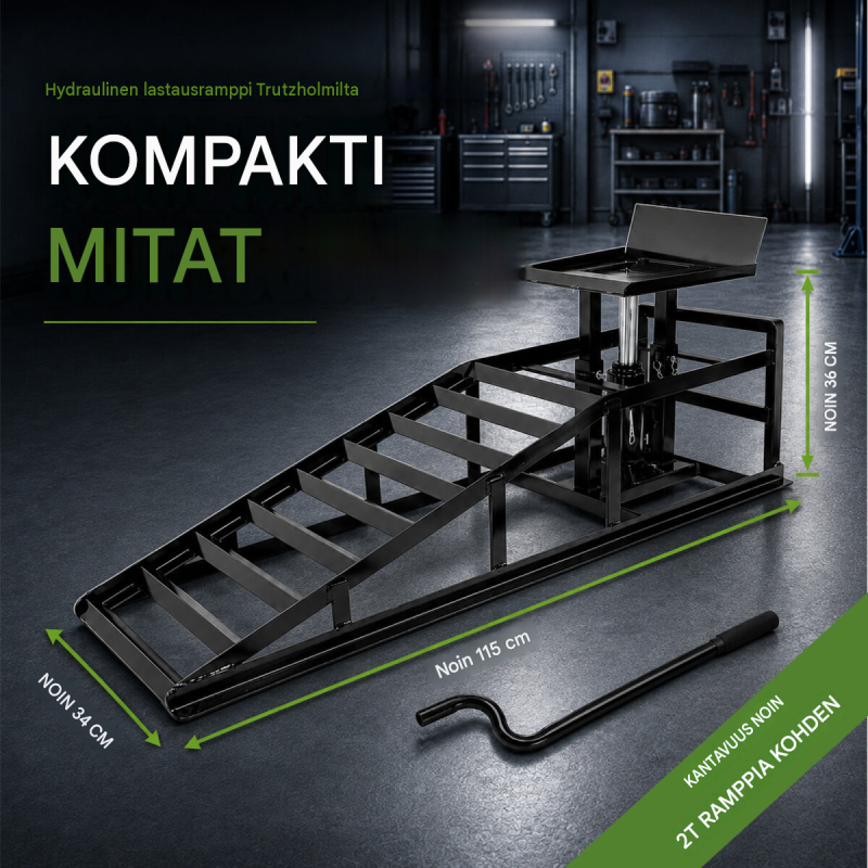 Hydraulinen ajoramppi tunkilla, 2000 kg, 24–36 cm, renkaille 225 mm asti